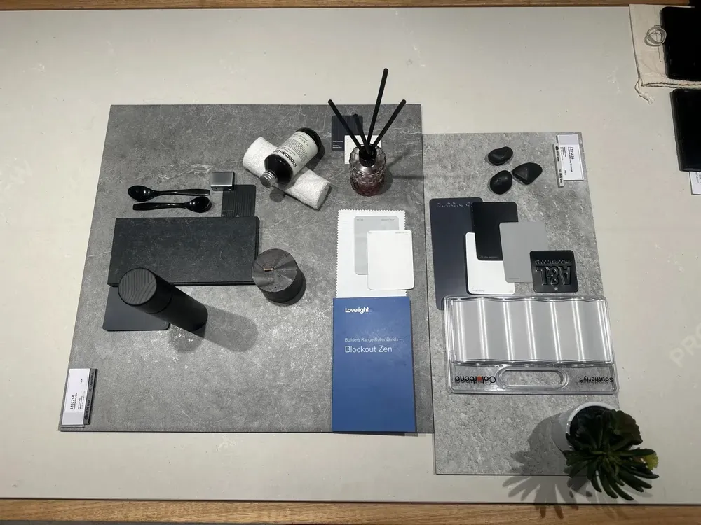 Sample boards of tiles, tapware and finishes at a selection studio