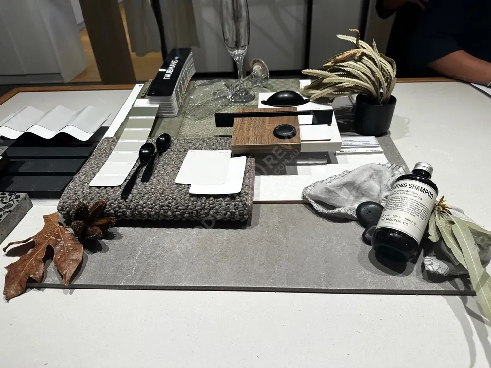 Finish samples including carpet, timber and handles