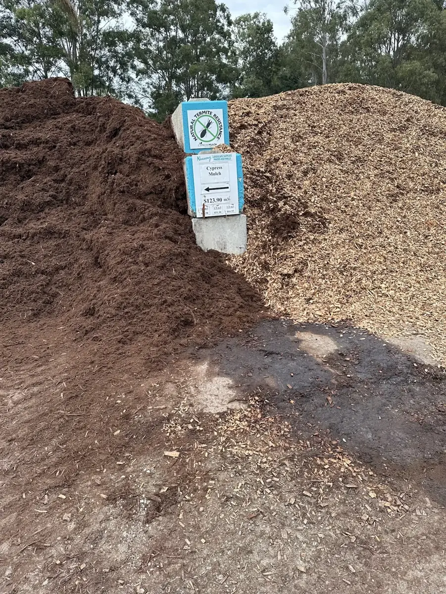 Bays of different mulches at a landscape yard