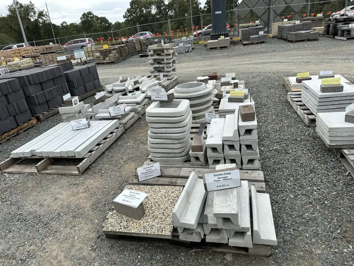 Pallets of pavers, capping and blocks in a landscape supply yard