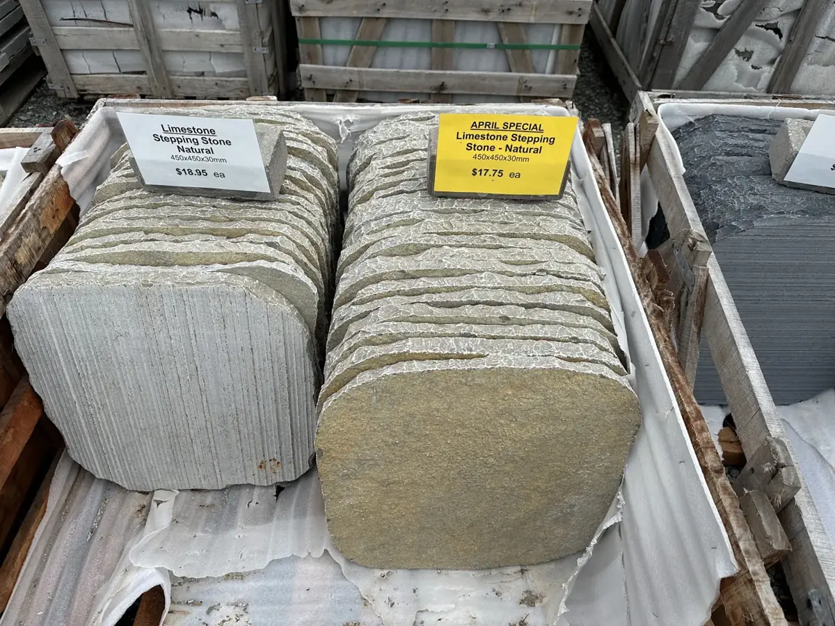 Limestone stepping stones in crates